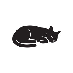 Silhouette of a Sleeping cat side view On White Background.