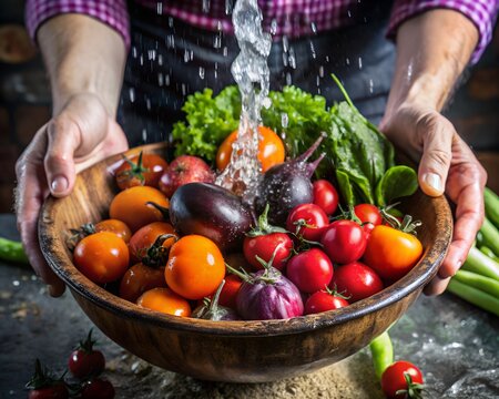 Hands washing fresh vegetables in a wooden bowl under running water