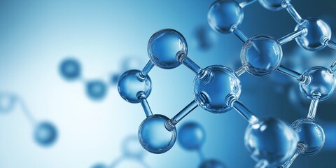 Close-up of transparent carbon saturation molecules forming intricate structure on blue background symbolizing scientific skincare technology and nature