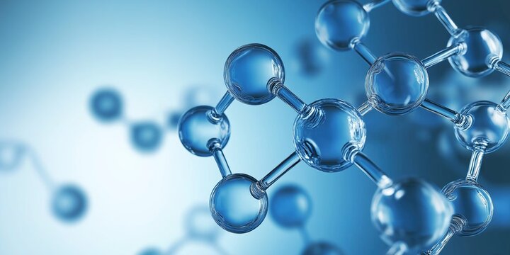 Close-up of transparent carbon saturation molecules forming intricate structure on blue background symbolizing scientific skincare technology and nature