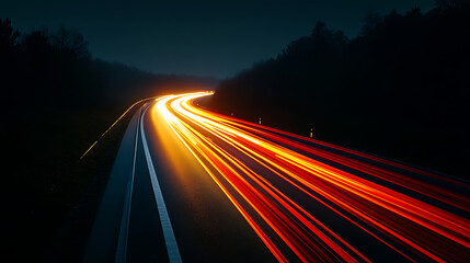 Vibrant streaks of red and orange light trails on a dark highway at night