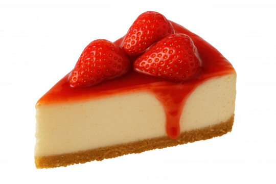 Strawberry cheesecake slice with creamy filling and biscuit base, topped with fresh strawberries and sweet red sauce
