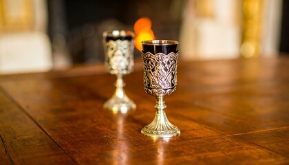 Ornate wine glasses on wooden table