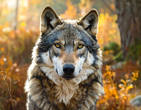 Close-up of a gray wolf in autumn foliage, head and shoulders, intense gaze.