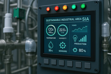 Sustainable industrial area control panel displays temperature humidity power and production data for efficient monitoring industrial environment