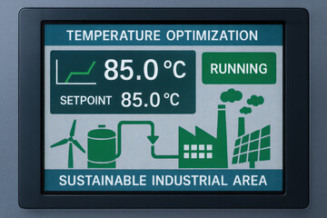 Temperature optimization screen showing 85 degrees Celsius setpoint running sustainable industrial area with wind turbine and solar panel icons
