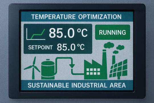 Temperature optimization screen showing 85 degrees Celsius setpoint running sustainable industrial area with wind turbine and solar panel icons