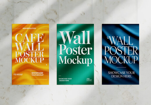 Three Wall Poster Mockups with Fluid Texture