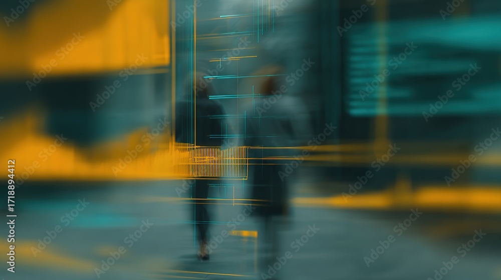 Poster abstract technology backdrop with two figures walking in blurred scene