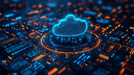 Futuristic cloud computing visualization on a digital circuit board, illustrating advanced technology and data management concepts.