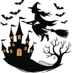 Halloween witch castle silhouette spooky vector