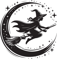 Halloween witch flying silhouette with stars vector