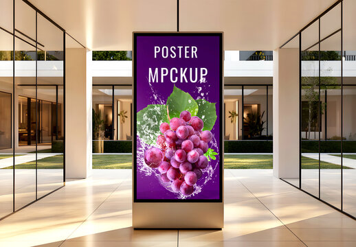Vertical Digital Display Mockup in Modern Lobby