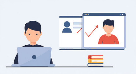 An illustration of a person engaging in online learning or business analysis on a laptop, displaying digital profiles and growth data.