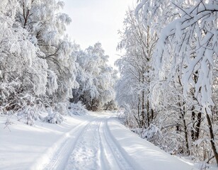 Obraz premium Snowy path through a winter forest with snow-covered trees.