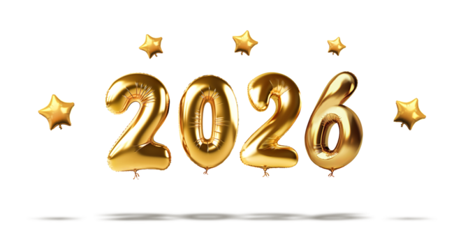 2026 Text with golden prop balloon.Festival celebration