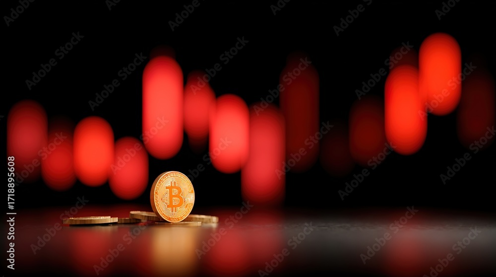 Poster bitcoin coin on a surface with abstract red financial chart background