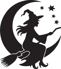 Halloween witch sitting on moon silhouette design