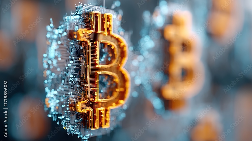 Poster digital representation of bitcoin icon with glowing circuit design
