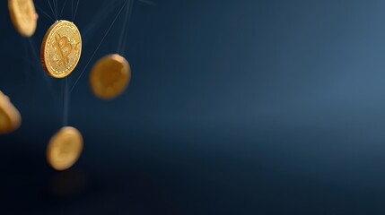 Golden Bitcoin Coins Floating in Air Against Dark Background