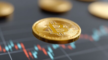 Golden Bitcoin Coin Floating Above Digital Financial Chart Background