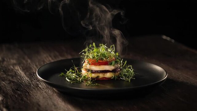 Gourmet hot dish with steaming vegetables and elegant plating