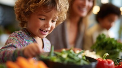 Joyful Child with Fresh Vegetables in Bright Kitchen Setting