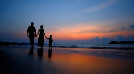 Family Silhouette at Sunset on Beach Holding Hands Together