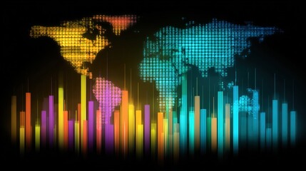 Colorful Digital World Map and Graphs on Dark Background
