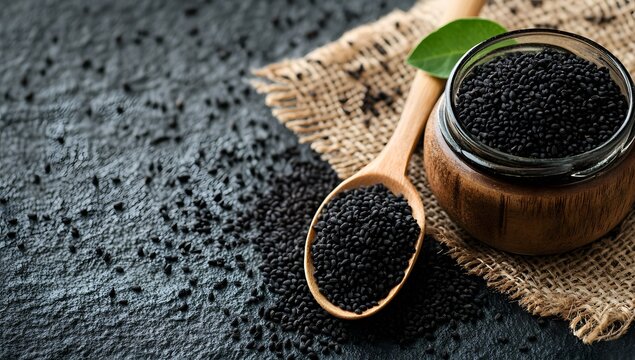 Wooden spoon filled with black cumin caraway seeds