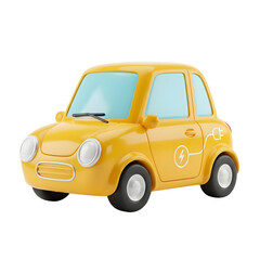 Yellow 3D Electric Car with Charging Symbols on Transparent Background