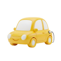 Cute Yellow Electric Car Character Charging with a Smile, Isolated on Transparent Background