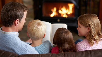 Cozy Family Reading Time by the Fireplace with Warm Glow