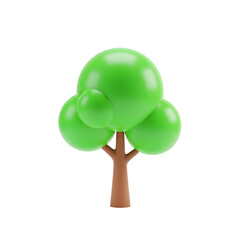 3D Cartoon Tree with Green Foliage and Brown Trunk on Transparent Background