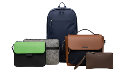 Stylish collection of modern bags; backpacks, briefcases, and clutches in various colors and materials.