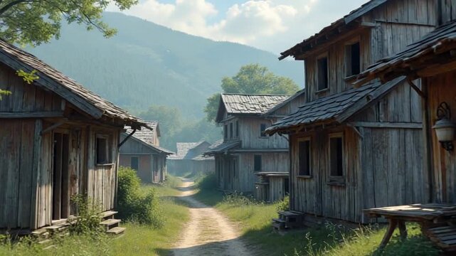 An old village with wooden dilapidated houses