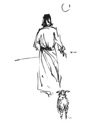Jesus Christ with a sheep. The shepherd leads the sheep. The right path