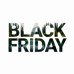 Stunning Black Friday Design Integrating Nature Elements with Lake, Forest, and Mountain Scenery in Text Art for Seasonal Promotion