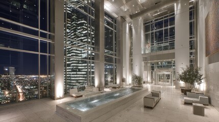 Modern City Skyscraper Lobby At Night