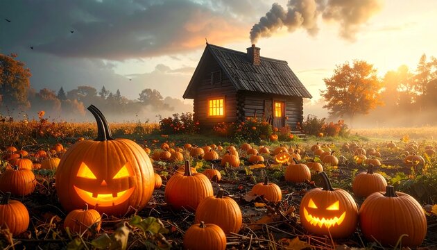 Halloween scene with pumpkins and a cozy cottage at sunset.