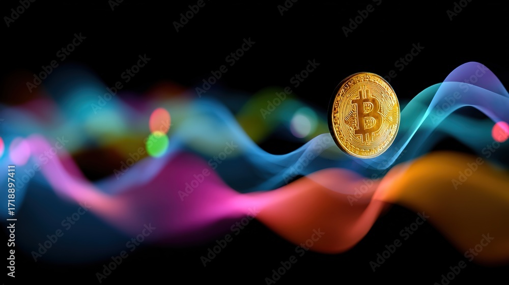 Poster golden bitcoin coin on colorful wave background in dark setting
