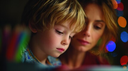 Mother and Child Engaged in Activity with Blurry Colorful Lights