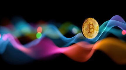 Golden Bitcoin Coin on Colorful Wave Background in Dark Setting