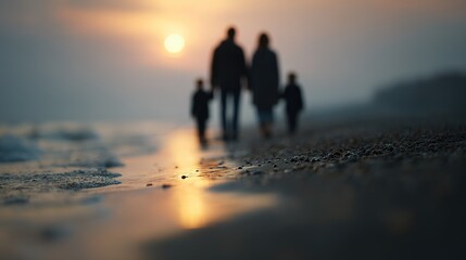 Family Silhouette Walking on Beach During Sunset with Soft Waves