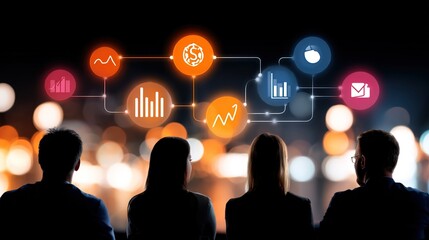 Business Meeting with Data Visualization and City Background