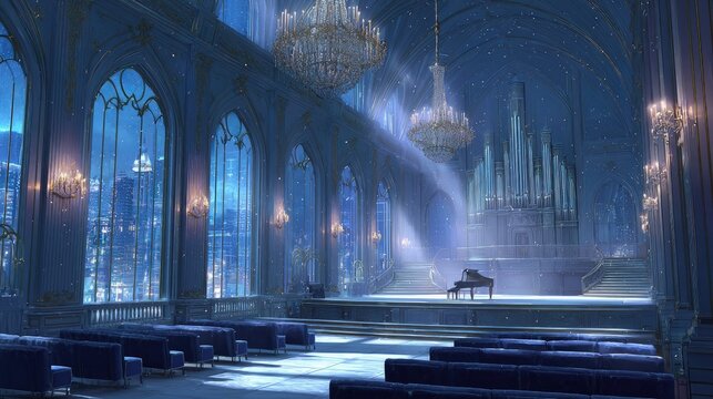 Grand Hall Interior With Snowy Exterior At Night