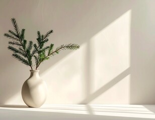 Minimalist vase with evergreen branches against a neutral wall with sunlight.