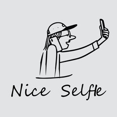 free Vector line art drawing the girl take selfie.