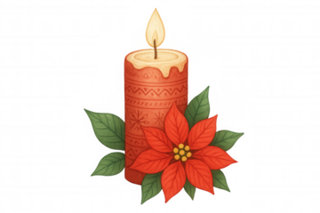 Red christmas candle with burning flame and poinsettia flower, festive holiday decoration, watercolor style on transparent background