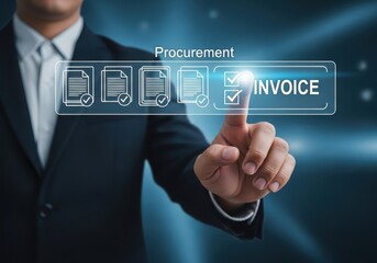 Businessman selects invoice from digital procurement checklist on futuristic interface image